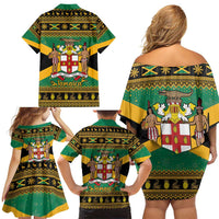 Jamaica Christmas Family Matching Off Shoulder Short Dress and Hawaiian Shirt Coat Of Arms Merri Crissmuss - Wonder Print Shop
