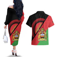 Personalised Malawi Couples Matching Off The Shoulder Long Sleeve Dress and Hawaiian Shirt Coat Of Arms - Flag Style