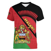 Personalised Malawi Women V-Neck T-Shirt Coat Of Arms - Flag Style - Wonder Print Shop