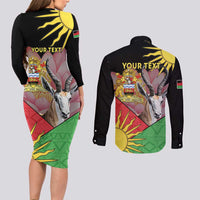 Personalised Malawi Thomsons Gazelle Couples Matching Long Sleeve Bodycon Dress and Long Sleeve Button Shirt Lotus - African Pattern