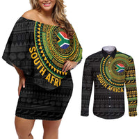 Personalised South Africa Couples Matching Off Shoulder Short Dress and Long Sleeve Button Shirt African Tribal Pattern