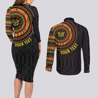 Personalised Ghana Couples Matching Long Sleeve Bodycon Dress and Long Sleeve Button Shirt African Tribal Mix Kente Patterns