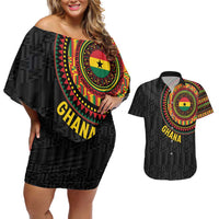 Personalised Ghana Couples Matching Off Shoulder Short Dress and Hawaiian Shirt African Tribal Mix Kente Patterns