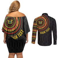 Personalised Ghana Couples Matching Off Shoulder Short Dress and Long Sleeve Button Shirt African Tribal Mix Kente Patterns