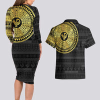 Sankofa Bird Couples Matching Long Sleeve Bodycon Dress and Hawaiian Shirt Adinkra Symbols - Gold Version