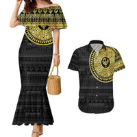 Sankofa Bird Couples Matching Mermaid Dress and Hawaiian Shirt Adinkra Symbols - Gold Version