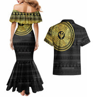 Sankofa Bird Couples Matching Mermaid Dress and Hawaiian Shirt Adinkra Symbols - Gold Version