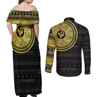 Sankofa Bird Couples Matching Off Shoulder Maxi Dress and Long Sleeve Button Shirt Adinkra Symbols - Gold Version