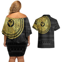 Sankofa Bird Couples Matching Off Shoulder Short Dress and Hawaiian Shirt Adinkra Symbols - Gold Version