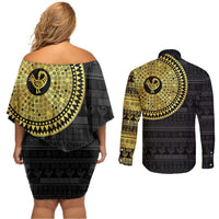 Sankofa Bird Couples Matching Off Shoulder Short Dress and Long Sleeve Button Shirt Adinkra Symbols - Gold Version