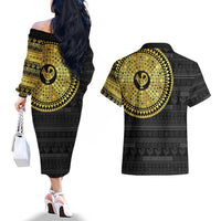 Sankofa Bird Couples Matching Off The Shoulder Long Sleeve Dress and Hawaiian Shirt Adinkra Symbols - Gold Version