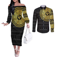 Sankofa Bird Couples Matching Off The Shoulder Long Sleeve Dress and Long Sleeve Button Shirt Adinkra Symbols - Gold Version