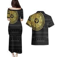 Sankofa Bird Couples Matching Puletasi and Hawaiian Shirt Adinkra Symbols - Gold Version