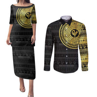 Sankofa Bird Couples Matching Puletasi and Long Sleeve Button Shirt Adinkra Symbols - Gold Version