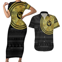 Sankofa Bird Couples Matching Short Sleeve Bodycon Dress and Hawaiian Shirt Adinkra Symbols - Gold Version