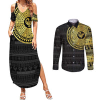 Sankofa Bird Couples Matching Summer Maxi Dress and Long Sleeve Button Shirt Adinkra Symbols - Gold Version