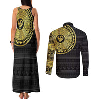 Sankofa Bird Couples Matching Tank Maxi Dress and Long Sleeve Button Shirt Adinkra Symbols - Gold Version