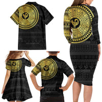 Sankofa Bird Family Matching Long Sleeve Bodycon Dress and Hawaiian Shirt Adinkra Symbols - Gold Version