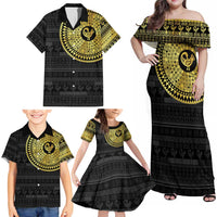 Sankofa Bird Family Matching Off Shoulder Maxi Dress and Hawaiian Shirt Adinkra Symbols - Gold Version