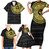 Sankofa Bird Family Matching Short Sleeve Bodycon Dress and Hawaiian Shirt Adinkra Symbols - Gold Version
