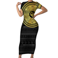 Sankofa Bird Family Matching Short Sleeve Bodycon Dress and Hawaiian Shirt Adinkra Symbols - Gold Version