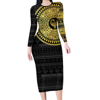 Sankofa Bird Long Sleeve Bodycon Dress Adinkra Symbols - Gold Version
