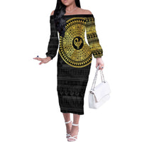 Sankofa Bird Off The Shoulder Long Sleeve Dress Adinkra Symbols - Gold Version