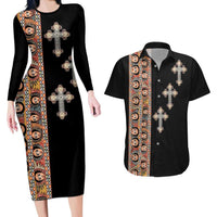 Ethiopia Angels Tilet Couples Matching Long Sleeve Bodycon Dress and Hawaiian Shirt Ethiopian Cross Black Color