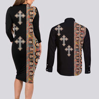 Ethiopia Angels Tilet Couples Matching Long Sleeve Bodycon Dress and Long Sleeve Button Shirt Ethiopian Cross Black Color