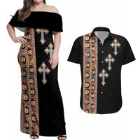 Ethiopia Angels Tilet Couples Matching Off Shoulder Maxi Dress and Hawaiian Shirt Ethiopian Cross Black Color