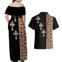 Ethiopia Angels Tilet Couples Matching Off Shoulder Maxi Dress and Hawaiian Shirt Ethiopian Cross Black Color