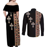 Ethiopia Angels Tilet Couples Matching Off Shoulder Maxi Dress and Long Sleeve Button Shirt Ethiopian Cross Black Color
