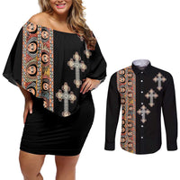Ethiopia Angels Tilet Couples Matching Off Shoulder Short Dress and Long Sleeve Button Shirt Ethiopian Cross Black Color