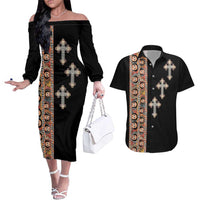Ethiopia Angels Tilet Couples Matching Off The Shoulder Long Sleeve Dress and Hawaiian Shirt Ethiopian Cross Black Color