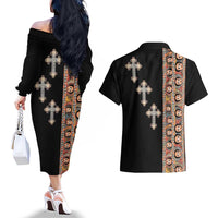 Ethiopia Angels Tilet Couples Matching Off The Shoulder Long Sleeve Dress and Hawaiian Shirt Ethiopian Cross Black Color