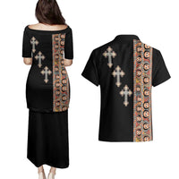 Ethiopia Angels Tilet Couples Matching Puletasi and Hawaiian Shirt Ethiopian Cross Black Color