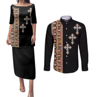 Ethiopia Angels Tilet Couples Matching Puletasi and Long Sleeve Button Shirt Ethiopian Cross Black Color