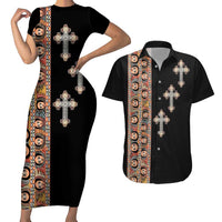 Ethiopia Angels Tilet Couples Matching Short Sleeve Bodycon Dress and Hawaiian Shirt Ethiopian Cross Black Color