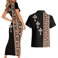 Ethiopia Angels Tilet Couples Matching Short Sleeve Bodycon Dress and Hawaiian Shirt Ethiopian Cross Black Color