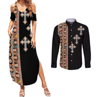 Ethiopia Angels Tilet Couples Matching Summer Maxi Dress and Long Sleeve Button Shirt Ethiopian Cross Black Color
