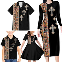 Ethiopia Angels Tilet Family Matching Long Sleeve Bodycon Dress and Hawaiian Shirt Ethiopian Cross Black Color