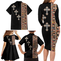 Ethiopia Angels Tilet Family Matching Long Sleeve Bodycon Dress and Hawaiian Shirt Ethiopian Cross Black Color