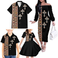Ethiopia Angels Tilet Family Matching Off The Shoulder Long Sleeve Dress and Hawaiian Shirt Ethiopian Cross Black Color