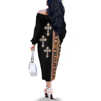 Ethiopia Angels Tilet Family Matching Off The Shoulder Long Sleeve Dress and Hawaiian Shirt Ethiopian Cross Black Color