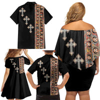 Ethiopia Angels Tilet Family Matching Off Shoulder Short Dress and Hawaiian Shirt Ethiopian Cross Black Color