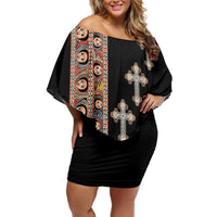 Ethiopia Angels Tilet Family Matching Off Shoulder Short Dress and Hawaiian Shirt Ethiopian Cross Black Color