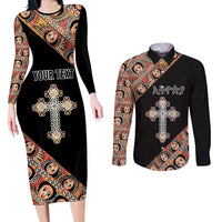 Personalized Ethiopian Orthodox Church Angel Couples Matching Long Sleeve Bodycon Dress and Long Sleeve Button Shirt Black Color