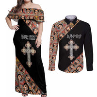 Personalized Ethiopian Orthodox Church Angel Couples Matching Off Shoulder Maxi Dress and Long Sleeve Button Shirt Black Color
