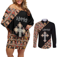 Personalized Ethiopian Orthodox Church Angel Couples Matching Off Shoulder Short Dress and Long Sleeve Button Shirt Black Color