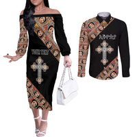Personalized Ethiopian Orthodox Church Angel Couples Matching Off The Shoulder Long Sleeve Dress and Long Sleeve Button Shirt Black Color